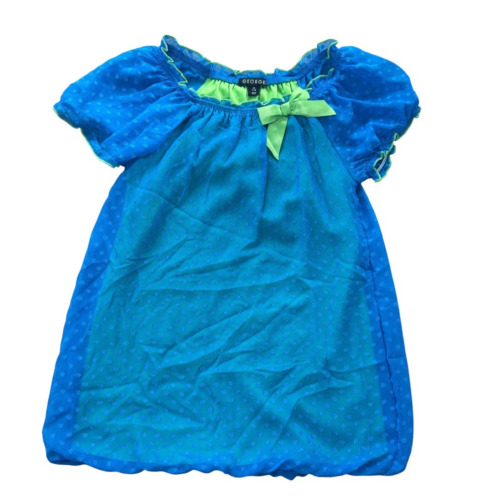 George Babydoll Twee Top Polka Dot Bow Y2K Blue Neon Green Size M 7-8